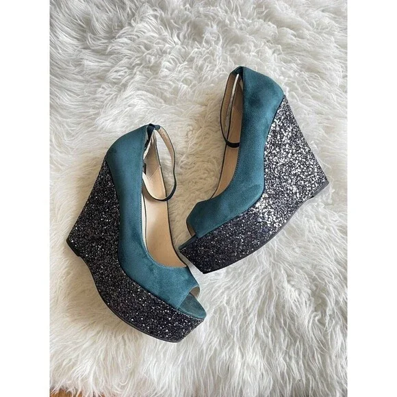 Boutique 9 Women’s Size 10 Sparkle platform Wedge Shoes Peep toe Heels - Picture 2 of 11